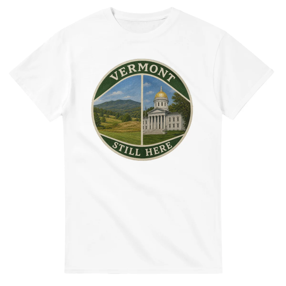 Painted, panelled scenic illustration for Vermont, with paired local scenes and the place name in lettering.