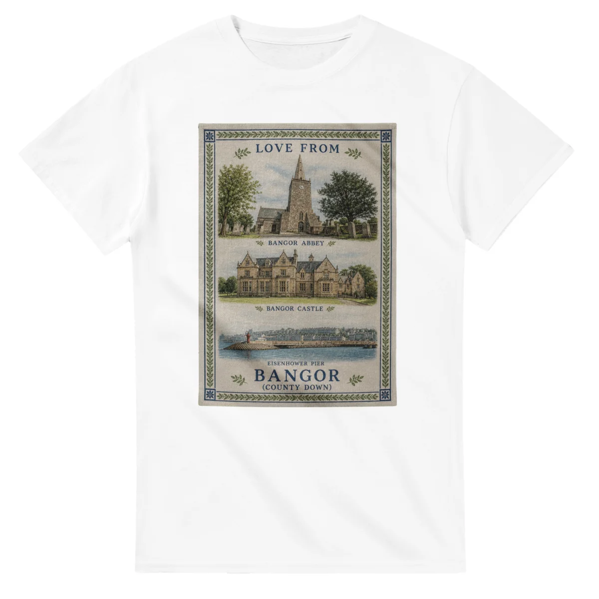 Framed scenic design for Bangor (County Down), with several local views, a decorative border and LOVE FROM lettering.