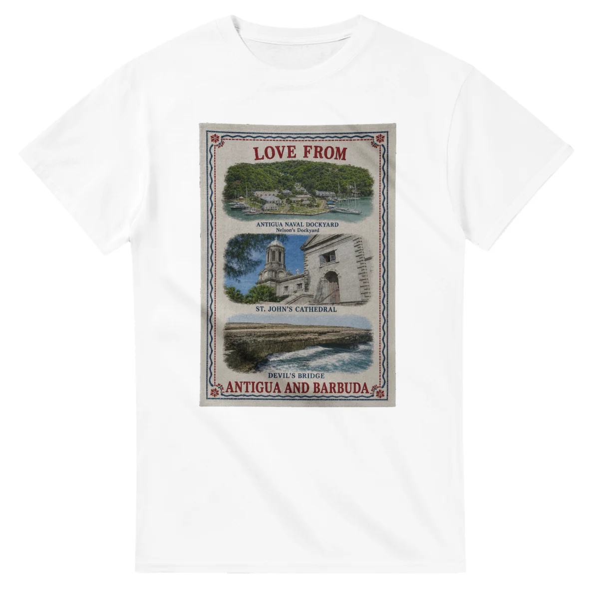 Framed scenic design for Antigua and Barbuda, with several local views, a decorative border and LOVE FROM lettering.