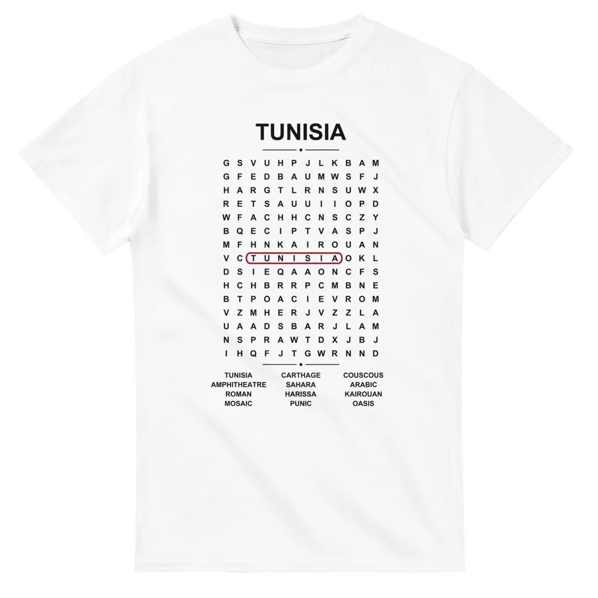 Word-search sheet for Tunisia, with a large place-name heading, a letter grid, a local answer list, and a red highlighted example word.