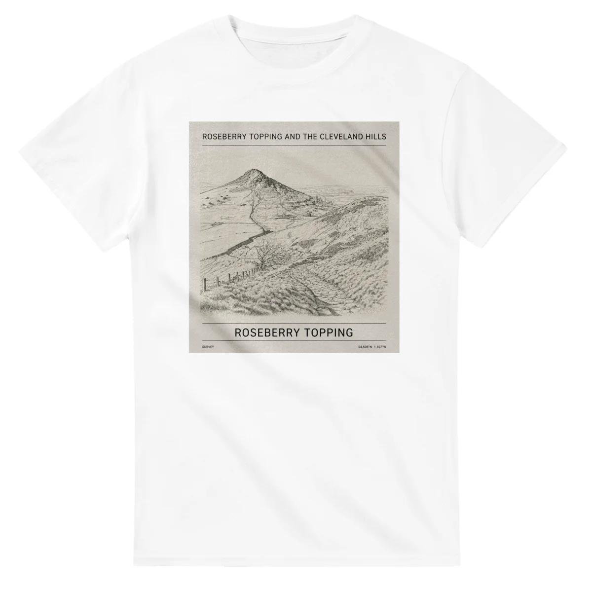Fine-line engraving-style drawing for Roseberry Topping and the Cleveland Hills, with a landmark caption and small coordinate text.
