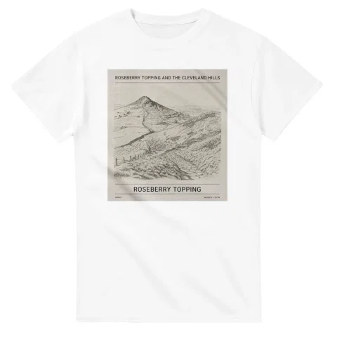 Fine-line engraving-style drawing for Roseberry Topping and the Cleveland Hills, with a landmark caption and small coordinate text.