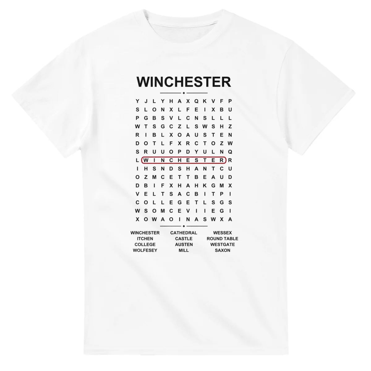 Word-search sheet for Winchester, with a large place-name heading, a letter grid, a local answer list, and a red highlighted example word.