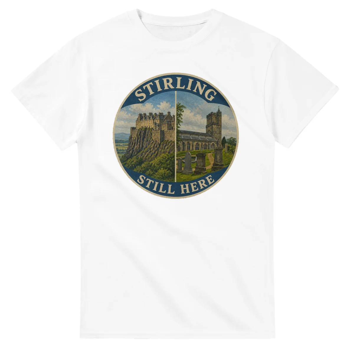 Painted, panelled scenic illustration for Stirling, with paired local scenes and the place name in lettering.
