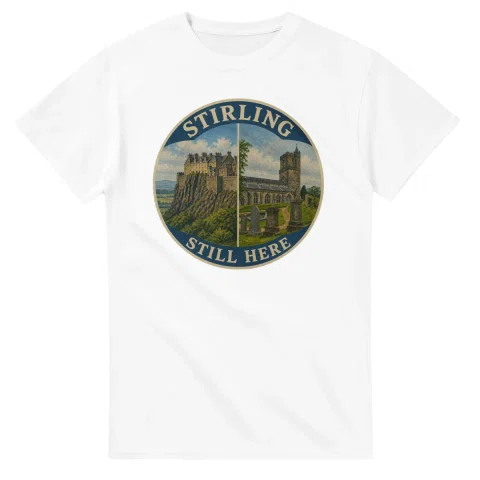 Painted, panelled scenic illustration for Stirling, with paired local scenes and the place name in lettering.