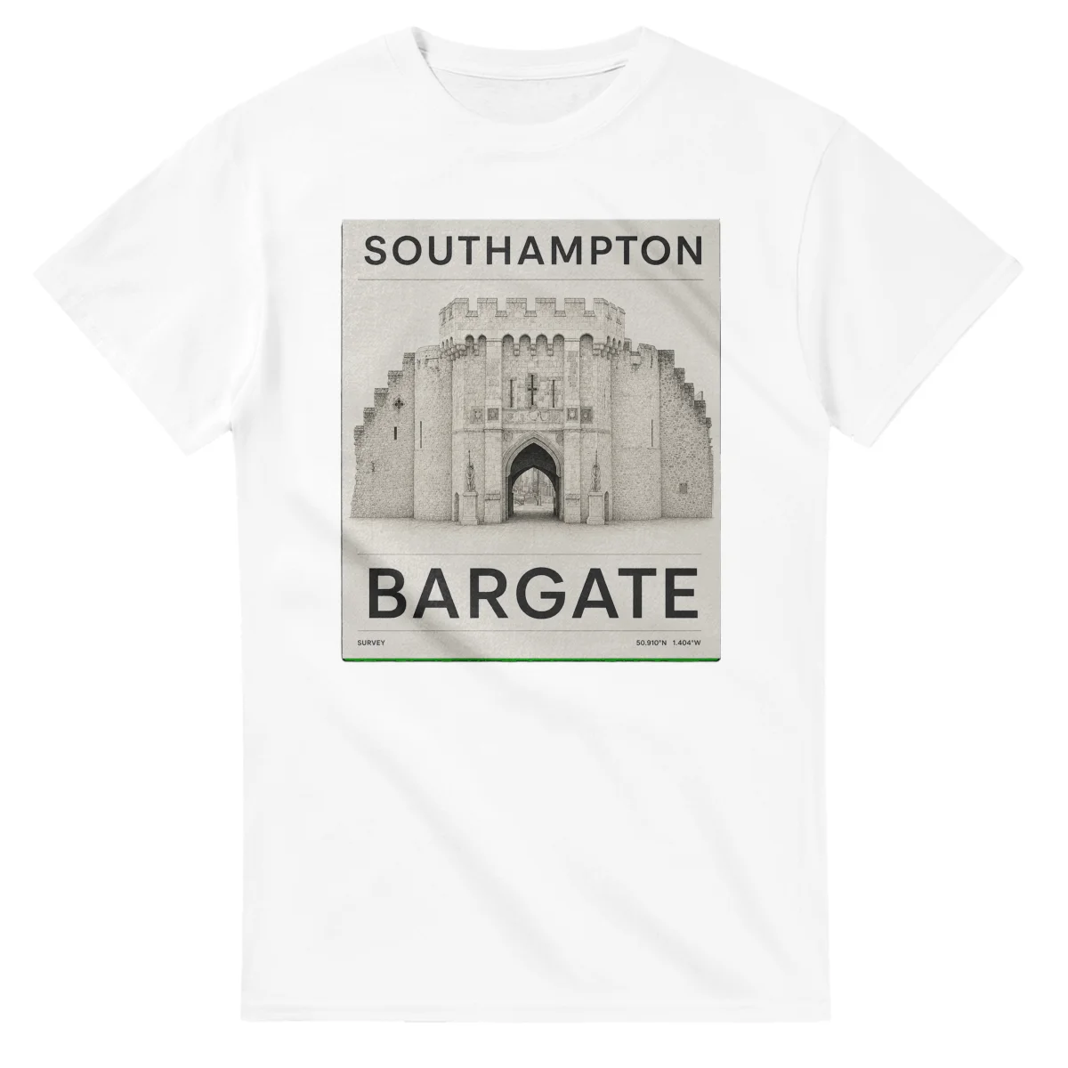 Fine-line engraving-style drawing for Southampton, with a landmark caption and small coordinate text.
