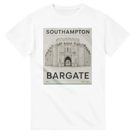 Fine-line engraving-style drawing for Southampton, with a landmark caption and small coordinate text.