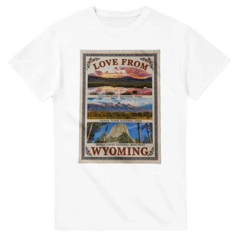 Framed scenic design for Wyoming, with several local views, a decorative border and LOVE FROM lettering.