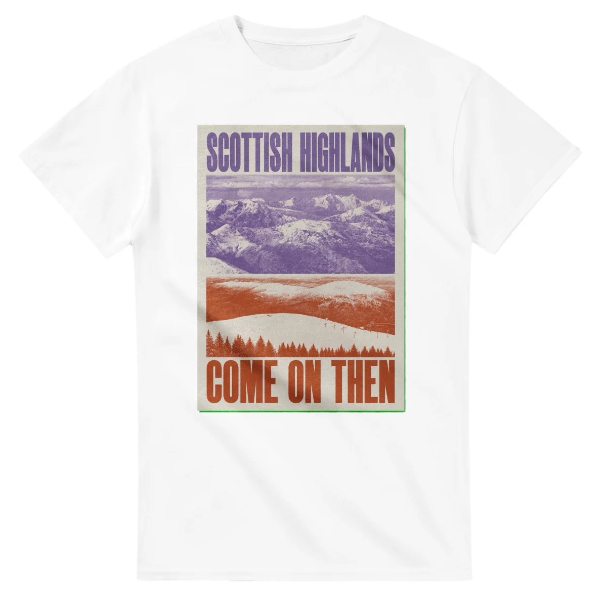 Two-colour scenic illustration for Scottish Highlands, with the place name and COME ON THEN lettering.