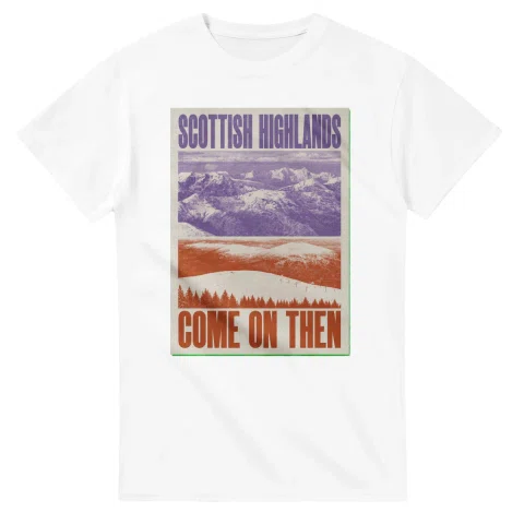 Two-colour scenic illustration for Scottish Highlands, with the place name and COME ON THEN lettering.
