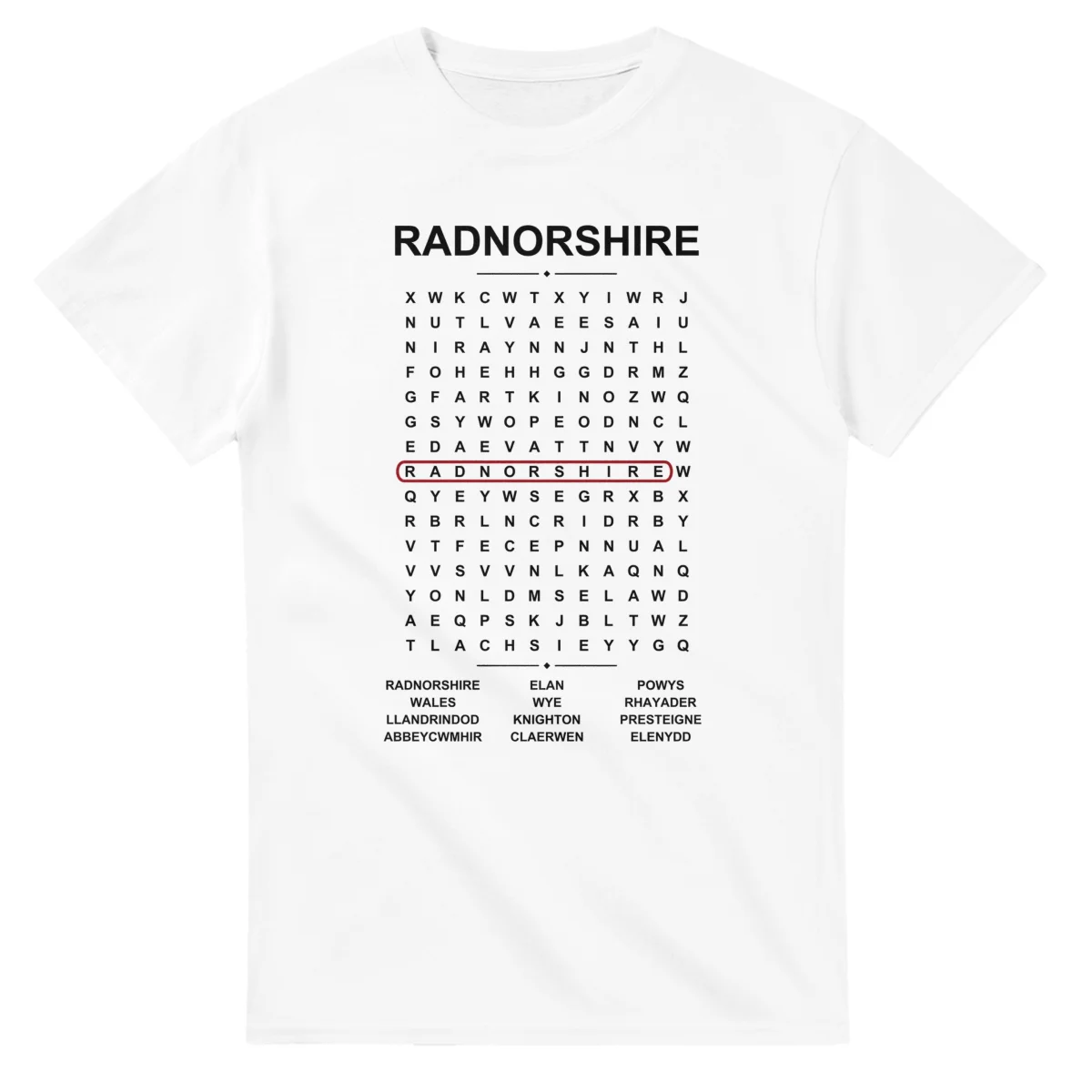 Word-search sheet for Radnorshire, with a large place-name heading, a letter grid, a local answer list, and a red highlighted example word.