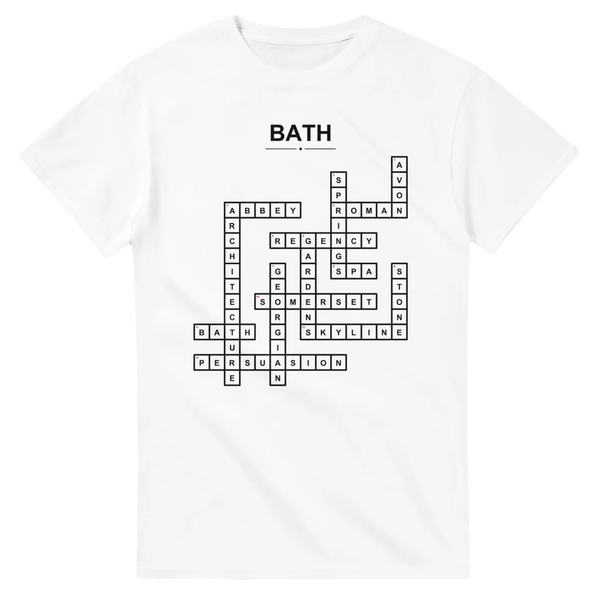 Monochrome crossword sheet for Bath, with a large place-name heading, a letter grid, and numbered across and down clues.