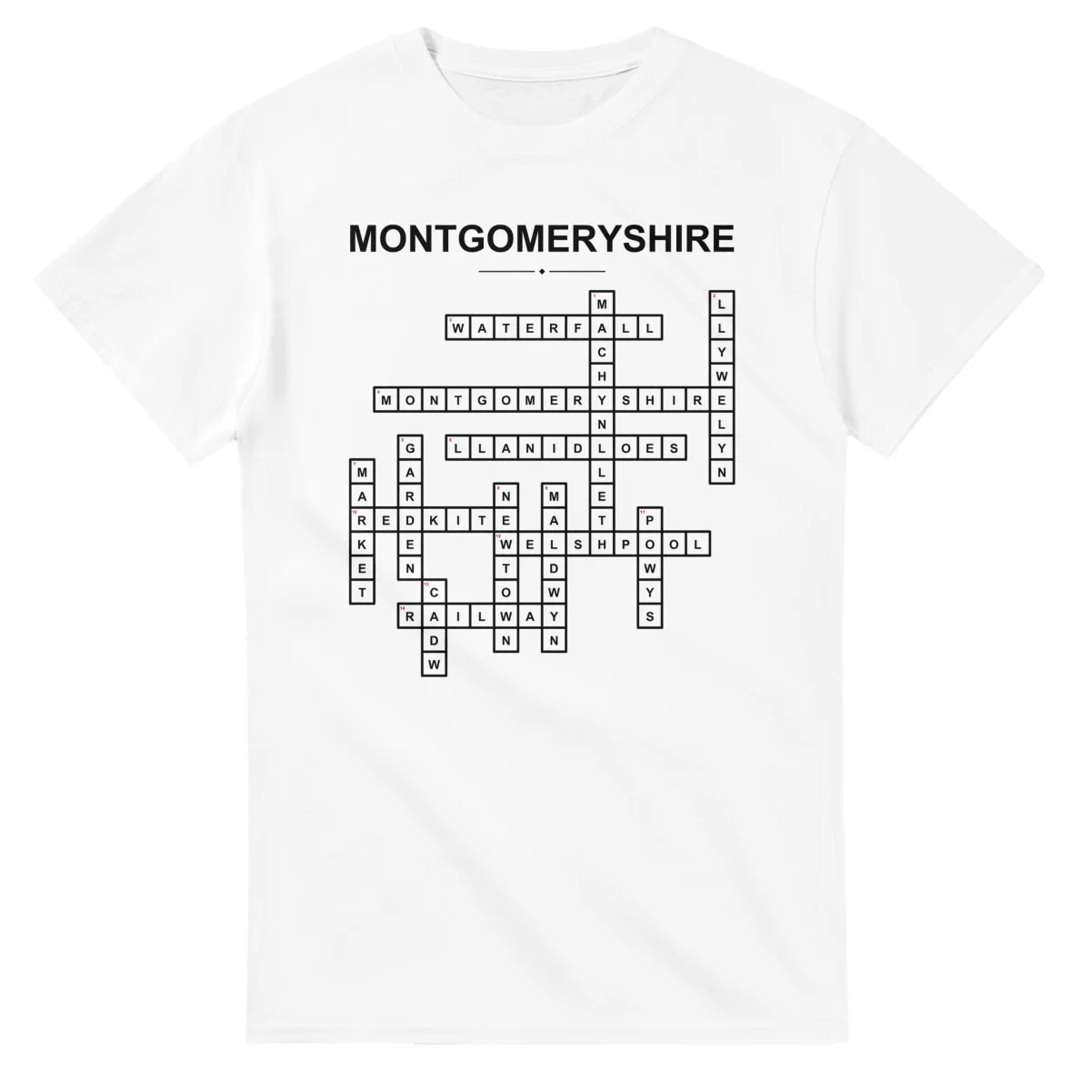Monochrome crossword sheet for Montgomeryshire, with a large place-name heading, a letter grid, and numbered across and down clues.