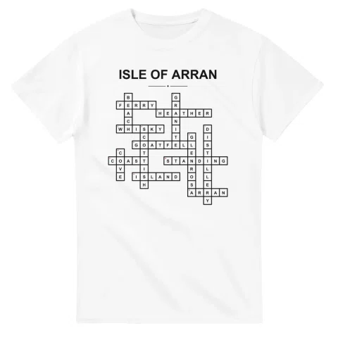 Monochrome crossword sheet for Isle of Arran, with a large place-name heading, a letter grid, and numbered across and down clues.