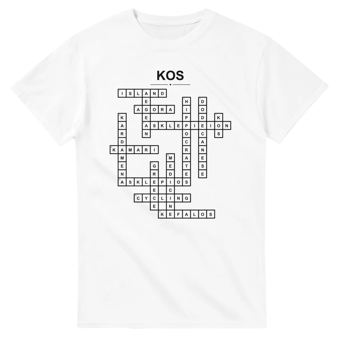 Monochrome crossword sheet for Kos, with a large place-name heading, a letter grid, and numbered across and down clues.