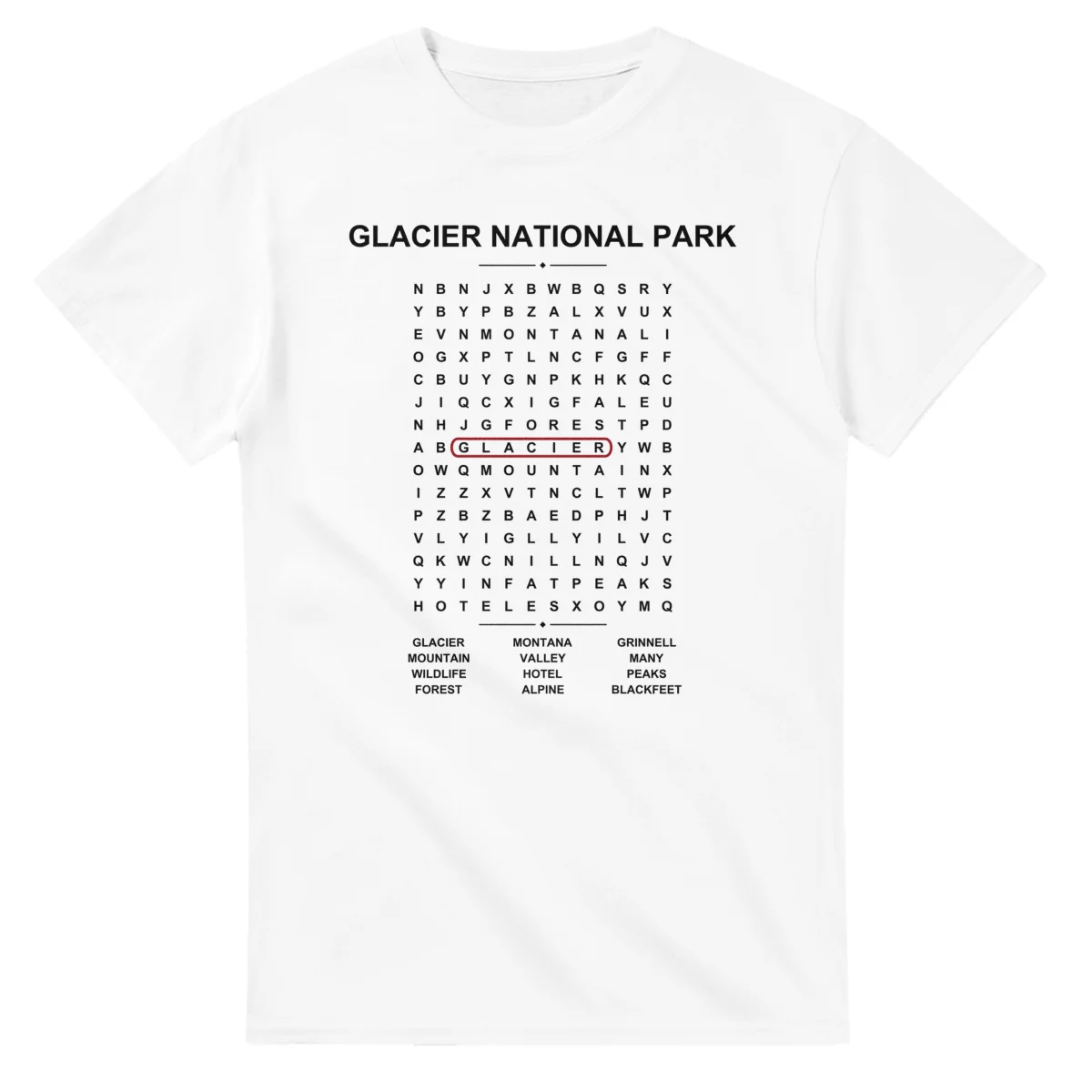 Word-search sheet for Glacier National Park, with a large place-name heading, a letter grid, a local answer list, and a red highlighted example word.