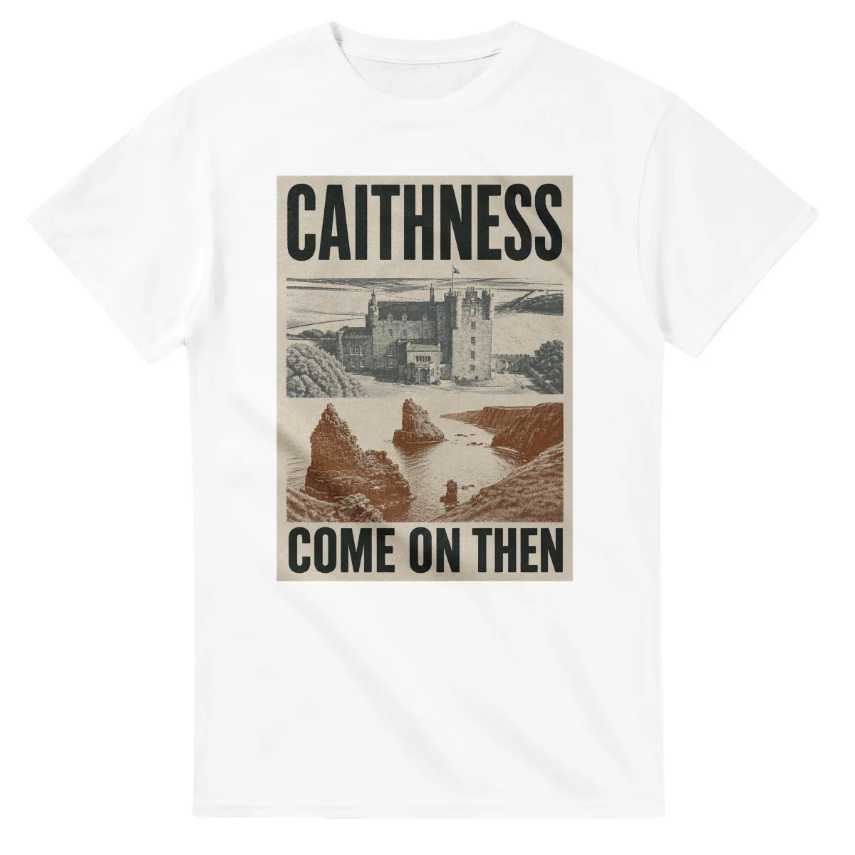 Two-colour scenic illustration for Caithness, with the place name and COME ON THEN lettering.
