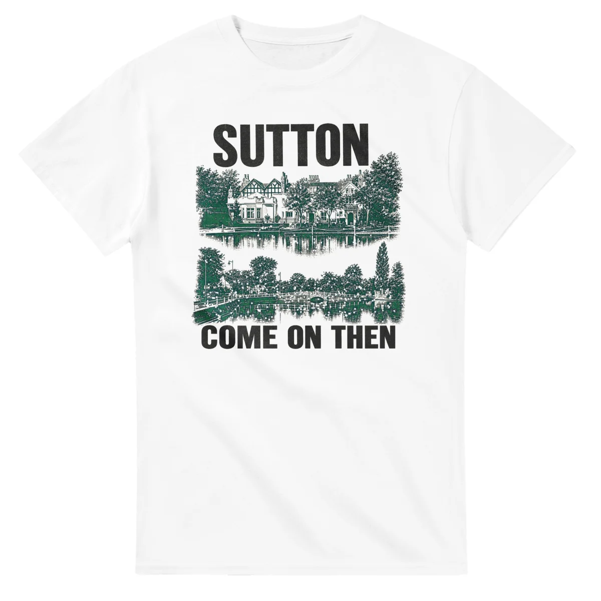 Two-colour scenic illustration for London Borough of Sutton, with the place name and COME ON THEN lettering.