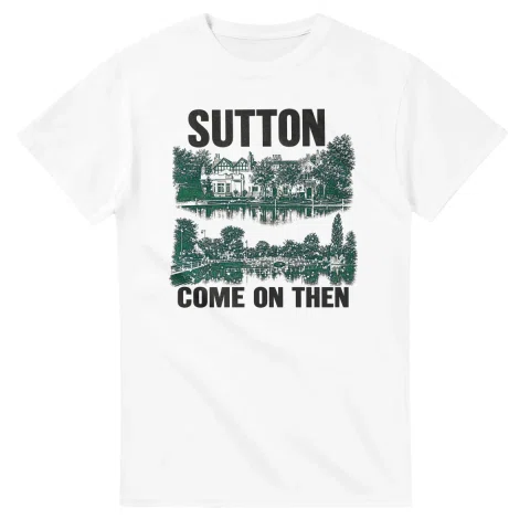 Two-colour scenic illustration for London Borough of Sutton, with the place name and COME ON THEN lettering.