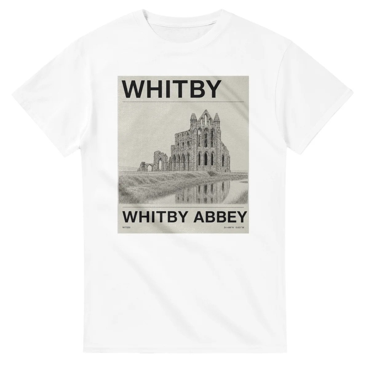 Fine-line engraving-style drawing for Whitby, with a landmark caption and small coordinate text.