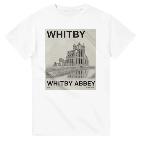 Fine-line engraving-style drawing for Whitby, with a landmark caption and small coordinate text.