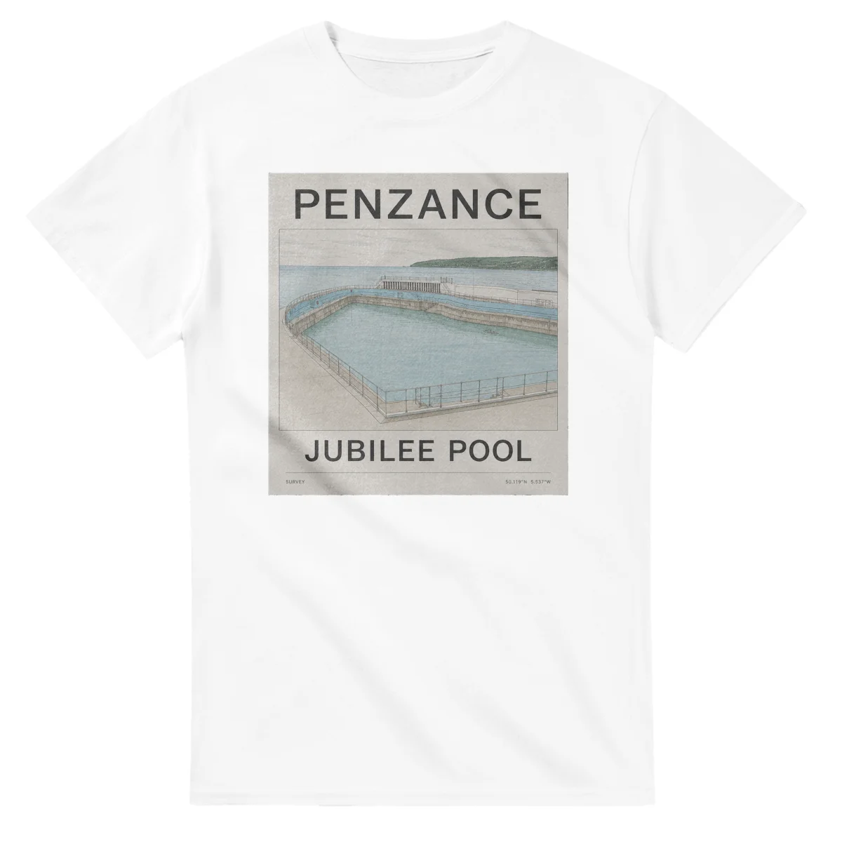 Fine-line engraving-style drawing for Penzance, with a landmark caption and small coordinate text.
