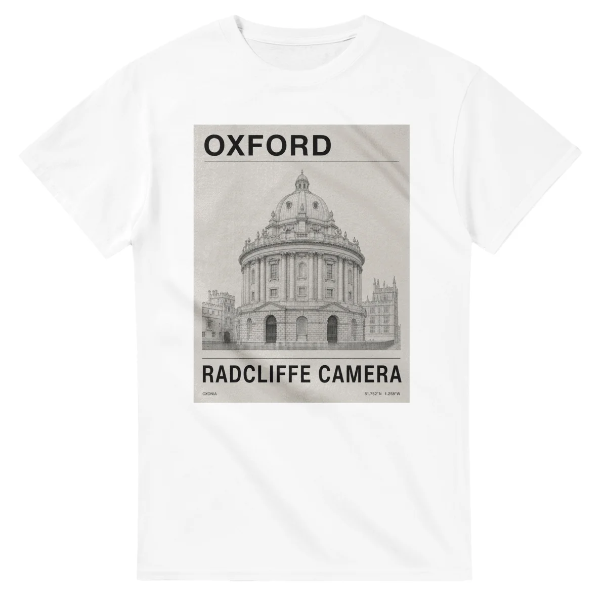 Fine-line engraving-style drawing for Oxford, with a landmark caption and small coordinate text.