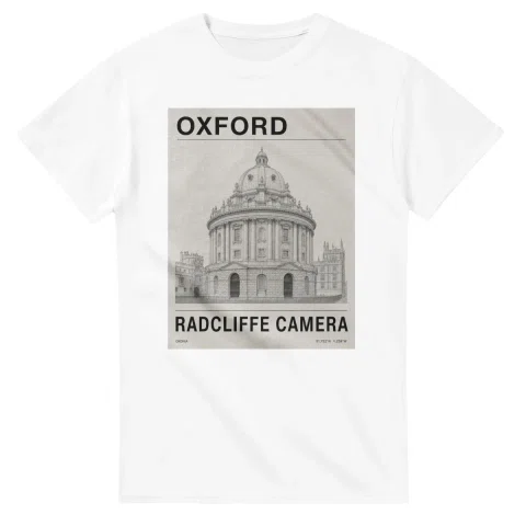 Fine-line engraving-style drawing for Oxford, with a landmark caption and small coordinate text.