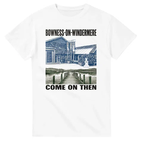 Two-colour scenic illustration for Bowness-on-Windermere, with the place name and COME ON THEN lettering.