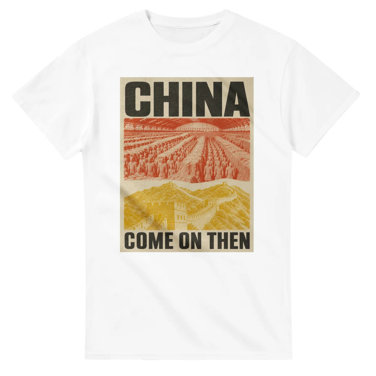 Two-colour scenic illustration for China, with the place name and COME ON THEN lettering.
