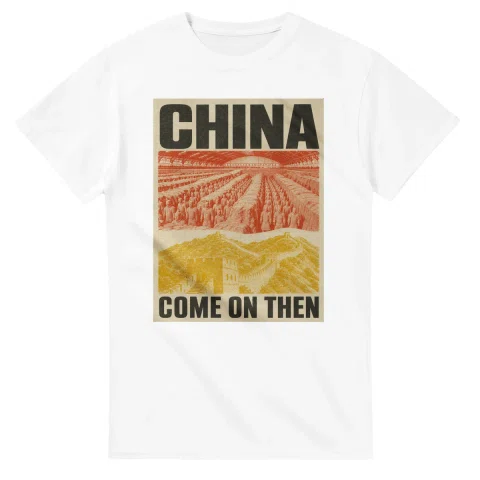 Two-colour scenic illustration for China, with the place name and COME ON THEN lettering.