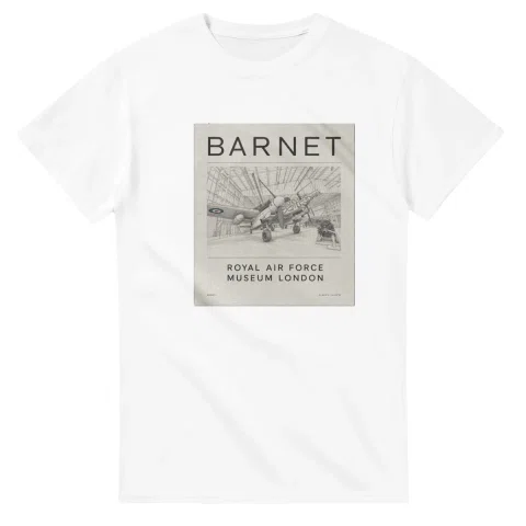 Fine-line engraving-style drawing for London Borough of Barnet, with a landmark caption and small coordinate text.