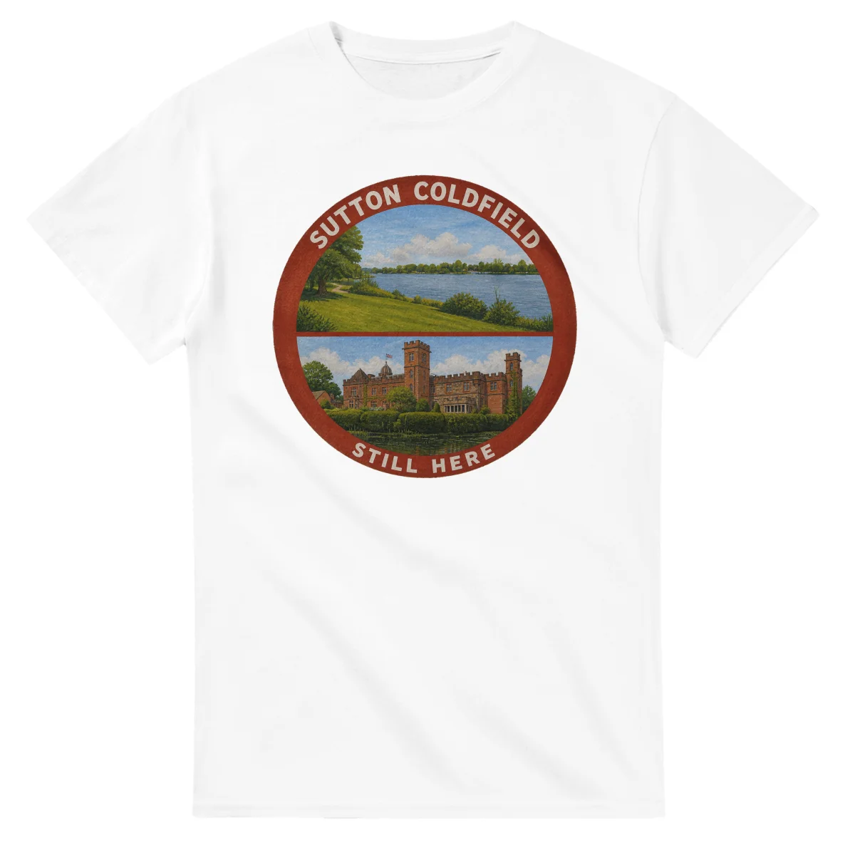Painted, panelled scenic illustration for Sutton Coldfield, with paired local scenes and the place name in lettering.