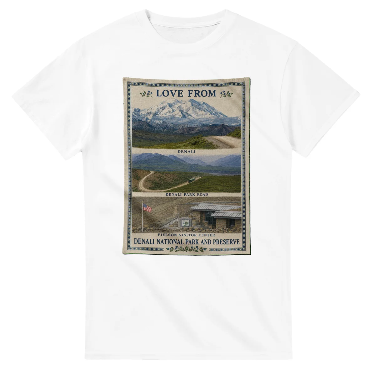 Framed scenic design for Denali National Park and Preserve, with several local views, a decorative border and LOVE FROM lettering.