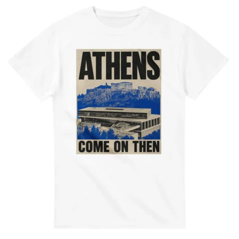 Two-colour scenic illustration for Athens, with the place name and COME ON THEN lettering.