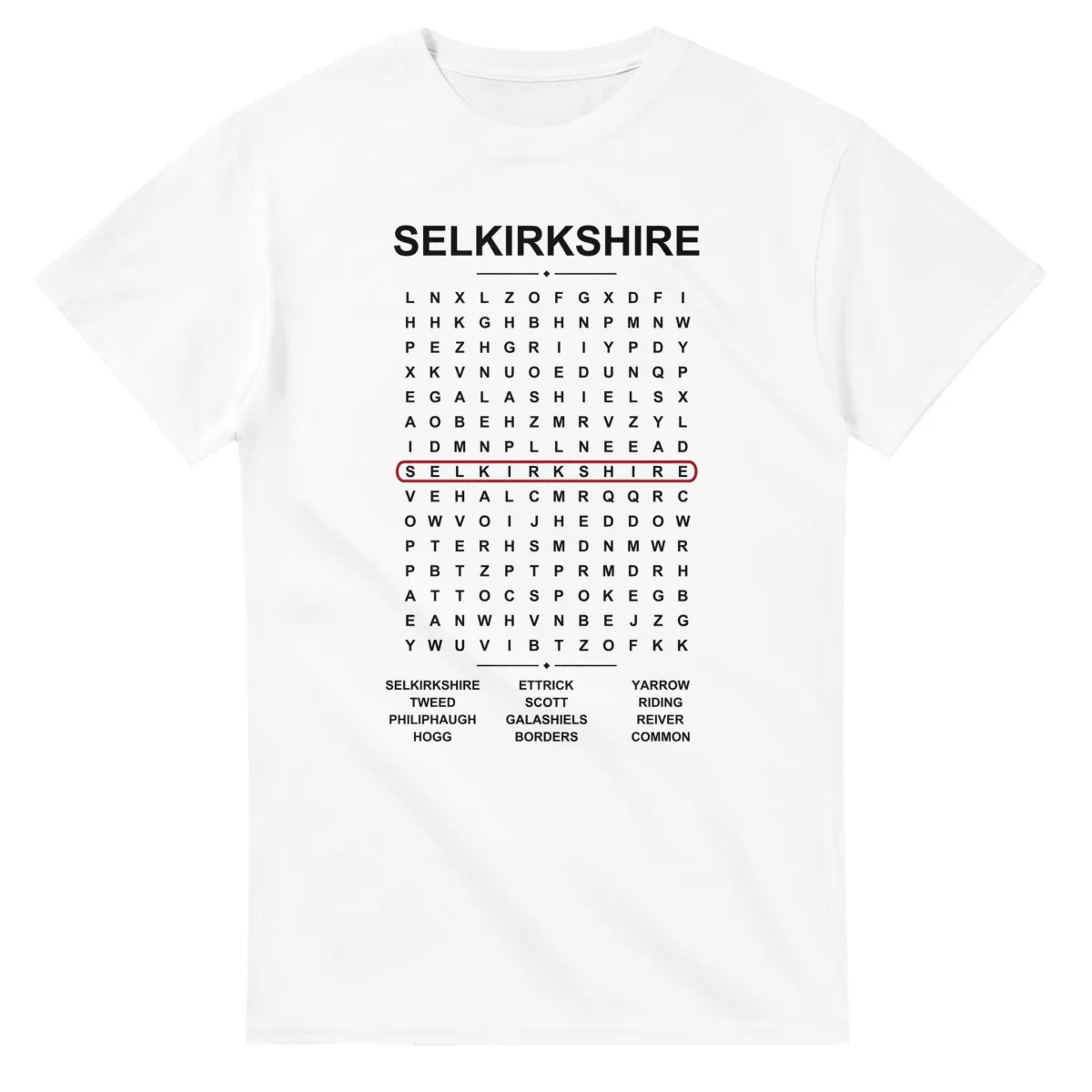 Word-search sheet for Selkirkshire, with a large place-name heading, a letter grid, a local answer list, and a red highlighted example word.