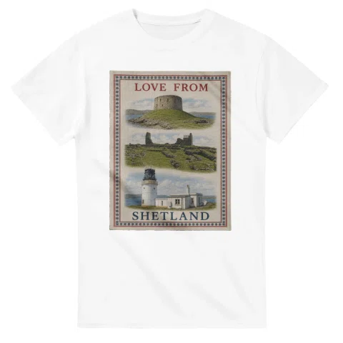 Framed scenic design for Shetland, with several local views, a decorative border and LOVE FROM lettering.