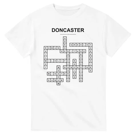 Monochrome crossword sheet for Doncaster, with a large place-name heading, a letter grid, and numbered across and down clues.