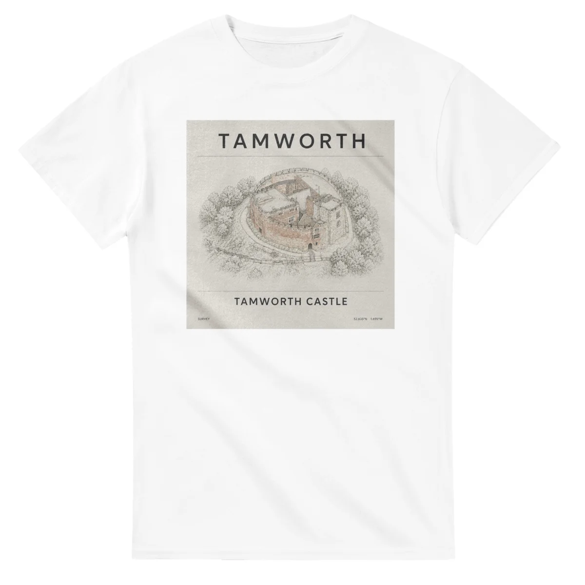 Fine-line engraving-style drawing for Tamworth, with a landmark caption and small coordinate text.