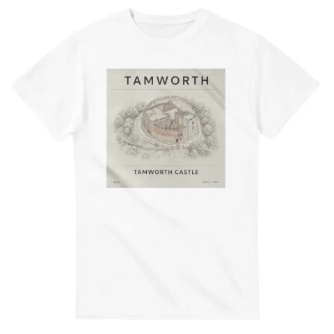Fine-line engraving-style drawing for Tamworth, with a landmark caption and small coordinate text.