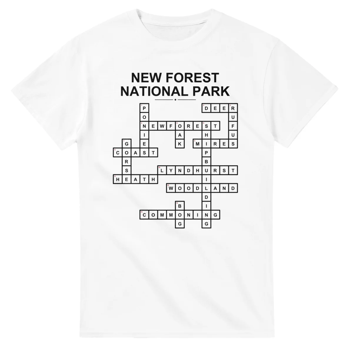 Monochrome crossword sheet for New Forest National Park, with a large place-name heading, a letter grid, and numbered across and down clues.