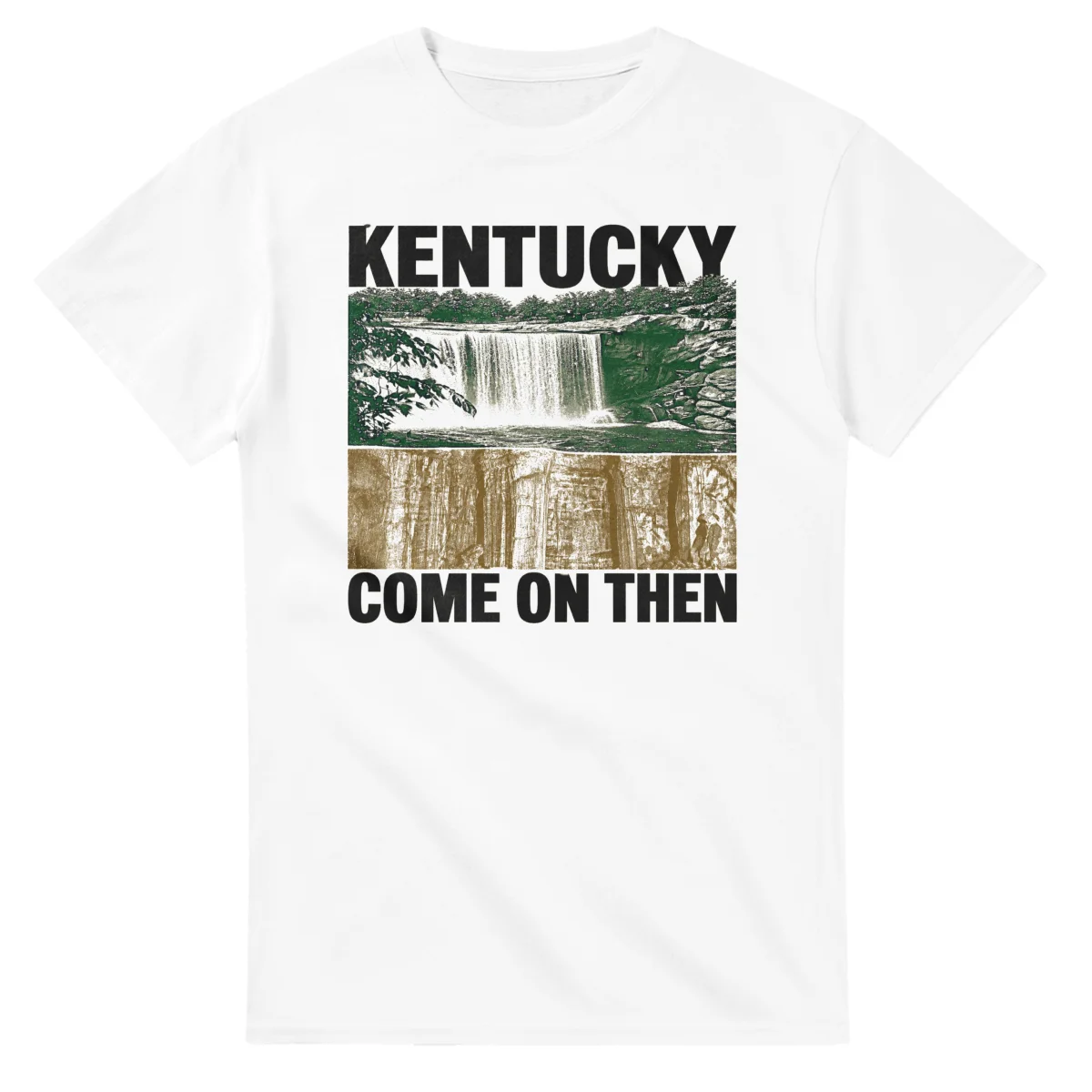 Two-colour scenic illustration for Kentucky, with the place name and COME ON THEN lettering.