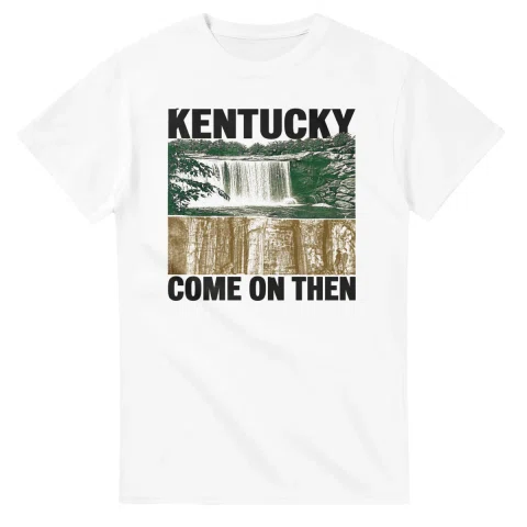 Two-colour scenic illustration for Kentucky, with the place name and COME ON THEN lettering.