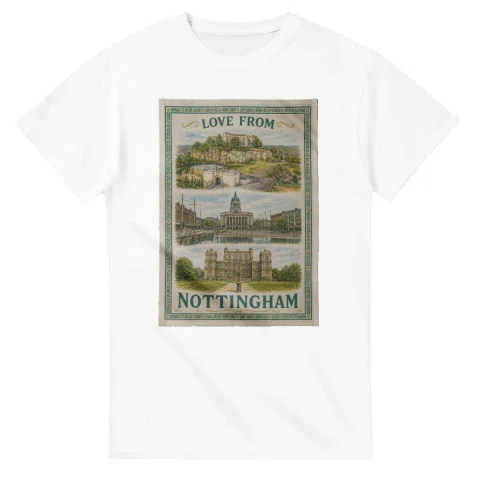 Framed scenic design for Nottingham, with several local views, a decorative border and LOVE FROM lettering.