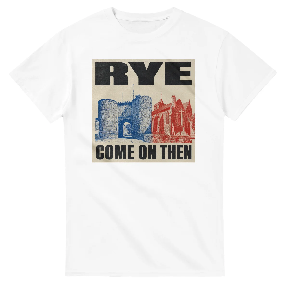Two-colour scenic illustration for Rye, with the place name and COME ON THEN lettering.