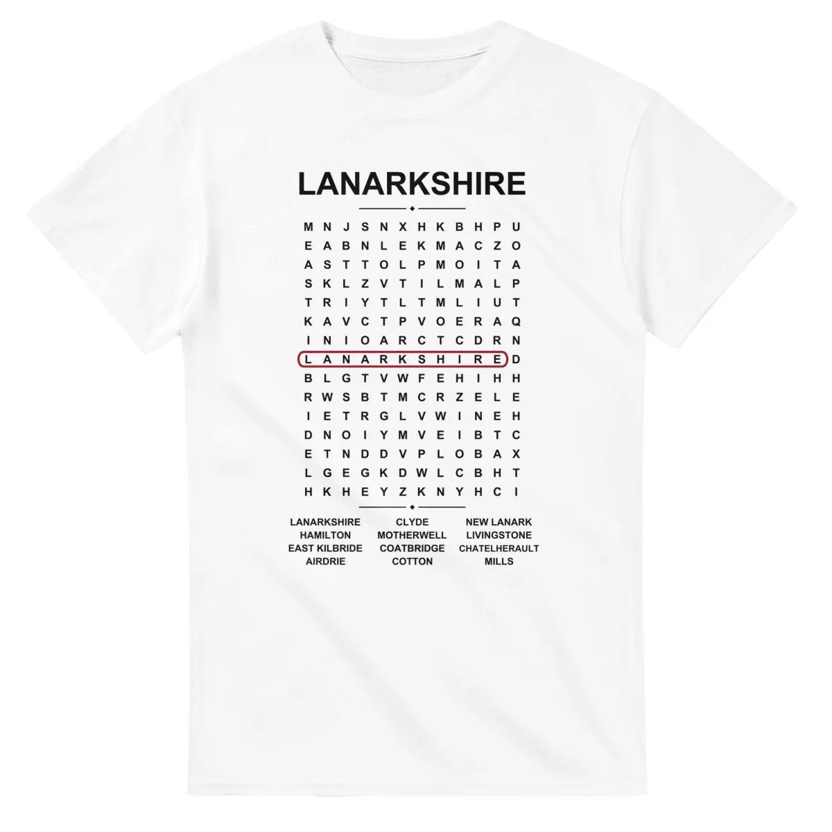 Word-search sheet for Lanarkshire, with a large place-name heading, a letter grid, a local answer list, and a red highlighted example word.