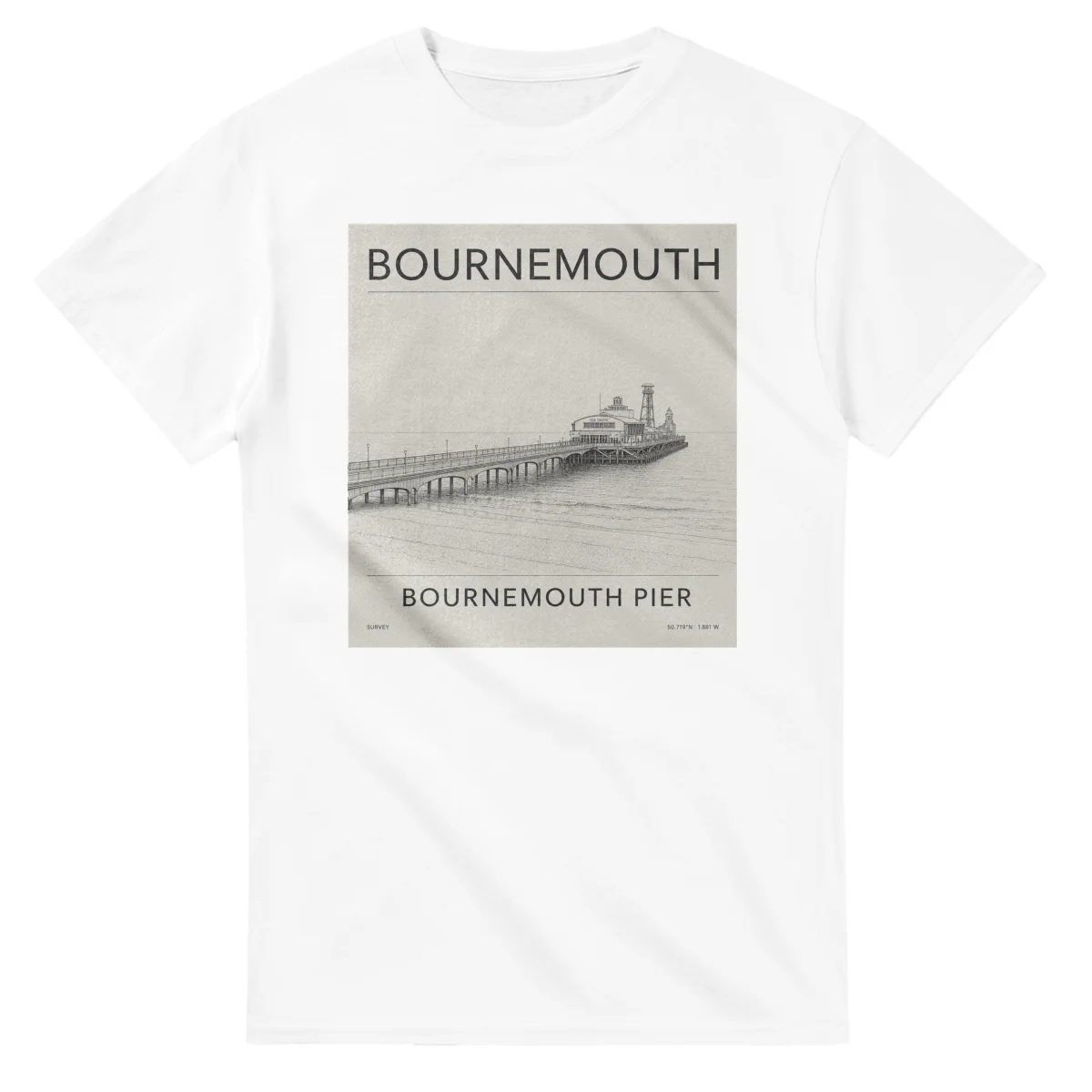 Fine-line engraving-style drawing for Bournemouth, with a landmark caption and small coordinate text.