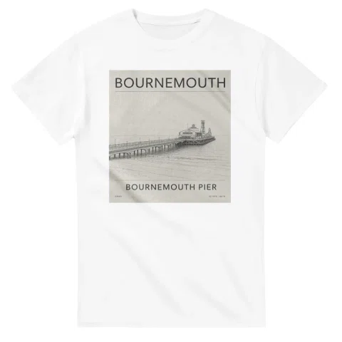 Fine-line engraving-style drawing for Bournemouth, with a landmark caption and small coordinate text.