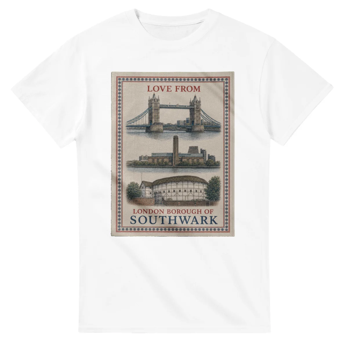 Framed scenic design for London Borough of Southwark, with several local views, a decorative border and LOVE FROM lettering.