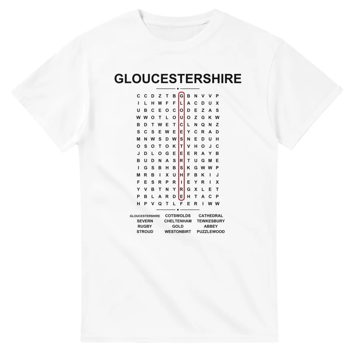 Word-search sheet for Gloucestershire, with a large place-name heading, a letter grid, a local answer list, and a red highlighted example word.